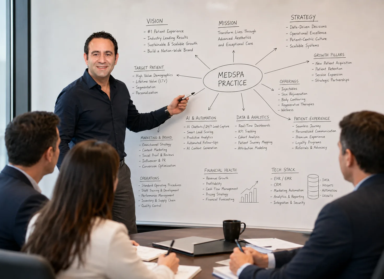 Sam Baba presenting a medspa growth framework to a team